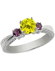 1.06 Ct Round Canary Diamond White Sapphire 14K White Gold 3-Stone Ring