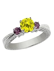 1.06 Ct Round Canary Diamond White Sapphire 925 Sterling Silver 3-Stone Ring