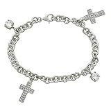 Ramona Singer 7 1/4 Sterling Silver Crystal Cubic Zirconia Stone and Cross Charms Bracelet with Toggle