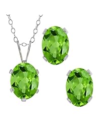 2.75 Ct Oval Green Peridot Gemstone Sterling Silver Pendant Earrings Set