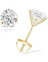 IGI Certified 0.70 cttw Round Diamond 3-Prong Stud Earrings in 18K Yellow Gold with Screw Backs (G-H Color, I2-I3 Clarity)