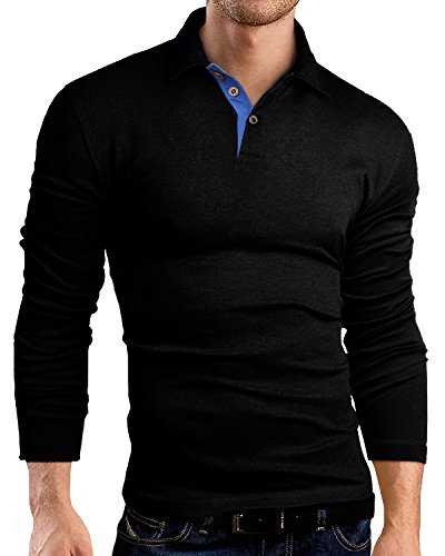 StyleDome Men`s Lapel Stand Collar Tops Long Sleeve Regular Basic Polo Shirts Black L