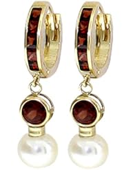 Genuine Dangle Round Garnet & Pearl 14k Gold Hoop Huggie Earrings