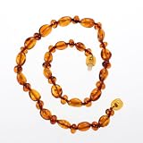 Genuine Baltic Amber Teething Necklace for Baby - Olive-shaped Cognac Beads and Small Cherry Beads