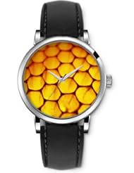 SPRAWL Aanalog Fashion Series Silver Ladies Watches of Genuine Black Leather Strap,Unique Wrist Watch for Women Girls Designed with Honeycomb