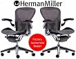 TWO - Herman Miller Aeron Chair Medium Size (B) PostureFit Support Aluminum Frame Classic Carbon Pellicle Leather Arms