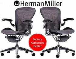 TWO - Herman Miller Aeron Chair Medium Size (B) PostureFit Support Aluminum Frame Classic Carbon Pellicle Leather Arms