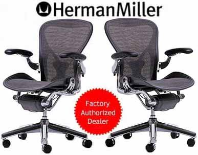 TWO - Herman Miller Aeron Chair Large Size (C) PostureFit Support Aluminum Frame Classic Carbon Pellicle Leather Arms