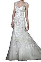 Lace Beaded Open-Back Natural   Waistline Spaghetti Strap Flared-Skirt Wedding Dress 