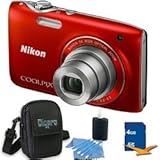 Nikon COOLPIX S3100 14MP Red Digital Camera 4GB Bundle - Includes COOLPIX S ....