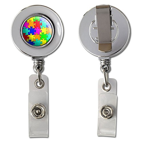 Rainbow Puzzle Pieces - Hearts Autism Retractable Reel Chrome Badge ID Card Holder Clip