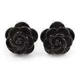 Tiny Black 'Rose' Stud Earrings In Silver Tone Metal - 10mm Diameter