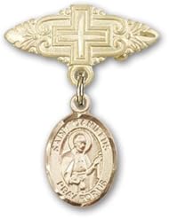 14kt Gold Baby Badge with St. Camillus of Lellis Charm and Badge Pin with Cross. Catholic Saint Camillus De Lellis Patron Saint of Hospitals, Nurses, Sick