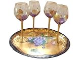 ArtisanStreet's Grape Hand Painted Wine Glasses with Matching Tray. Set of 4 Goblets. Purple Grapes Outlined with Metallic Gold Paint. Bronze Leaves. Base Painted with Black & Gold Leopard Design. One of a Kind. Signed by Artisan