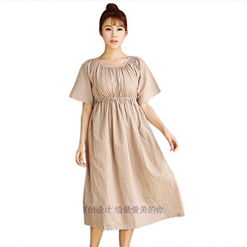 ArtCar Women's Linen Skirt High Waist Big Hem Short Sleeve Maxi Long Dress Brown L