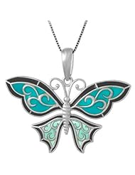 Sterling Silver Butterfly Necklace Pendant with Aqua Enamel Filigree Wings with Box Chain