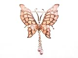 Elegant Dangling Faux Pearl Peach Enamel Gold Tone Lined Butterfly Pin Brooch