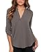 Face N Face Women's Summer V Neck Solid Loose Casual Cuffed Long Sleeve Blouses XX-Large Black Grey