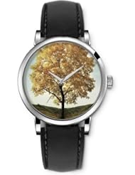 SPRAWL Aanalog Fashion Series Silver Ladies Watches of Genuine Black Leather Strap,Unique Wrist Watch for Women Girls Designed with Tree in autumn