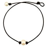 White Pearl Leather Necklace Choker with Single11 mm Pearls on Natural Black Leather