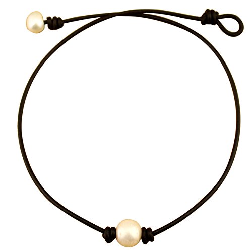 White Pearl Leather Necklace Choker with Single11 mm Pearls on Natural Black Leather