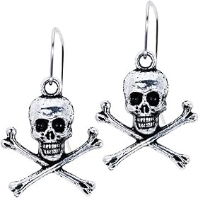 Antiqued Silver Tone Skull and Crossbone Earrings