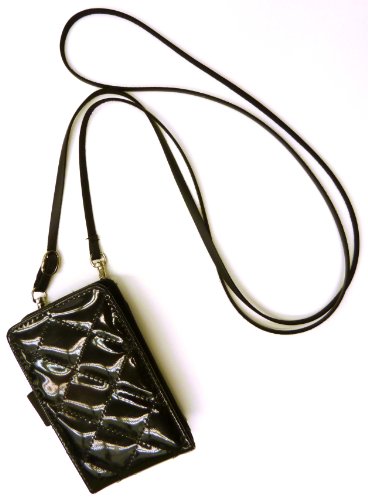 MIAMICA BLACK PATENT QUILTED G2G TRAVEL CROSS BODY BAG NECK ID CASE PDA CELL PHONE BLACKBERRY IPHONE HOLDER WALLET PURSE