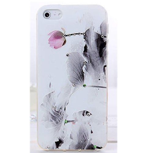 EVTECH(TM) 3D TPU Embossed Series Lotus Handmade Crystal Rhinestone Heart Diamond Bling Cover Soft Faceplate Case for iPhone 4 / 4S T-Mobile Sprint AT&T Verizon(100% Handcrafted)