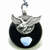 Double Circle Hunting Eagle Amulet Black Onyx and Blue Lace Agate Necklace
