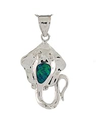 14k White Real Gold Blue Green Opal Ocean Stingray Design Pendant