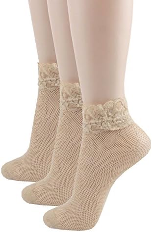 Uniqbay Womens 3 Pairs Fashion Lovely Sexy Lace mesh Ankle high Socks (3 Pairs_ Nude Beige)