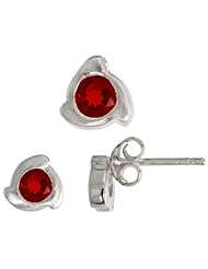Sterling Silver Matte-finish Fancy Stud Earrings (6mm) & Pendant Slide (8mm tall) Set, w/ Brilliant Cut Ruby-colored CZ Stones