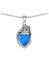 Original Star K (tm) Loving Mother And Father With Child Family Pendant With Heart Shape 8mm Created Blue Opal in 925 Sterling Silver