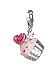 SilberDream Charm pink enameled cupcake, 925 Sterling Silver Charms Pendant with Lobster Clasp for Charms Bracelet, Necklace or Earring FC679