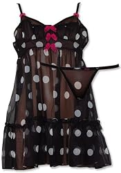 Betsey Johnson Dot Tricot Black Chemise and Thong