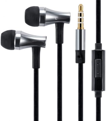 High Quality Bass Flat Wired BLACK Metal Earbuds Handsfree Headset Earphones w Mic for Straight Talk ZTE Majesty - Straight Talk ZTE Merit - Straight Talk ZTE Savvy - Straight Talk ZTE Unico LTE - Straight Talk ZTE Valet