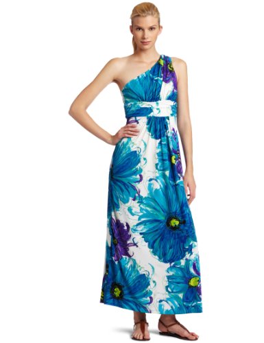 London Times Womens One Shoulder Maxi,Soft White/Blue,6