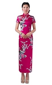 YOYI FASHION Women Vintage Peacock Short Sleeve Long Qipao Dress Chinese Clothing Fuchsia XXL