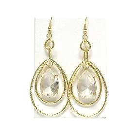 Gold Crystal Tear Shape Stone Double Hoop Fashion Earring Jewelry