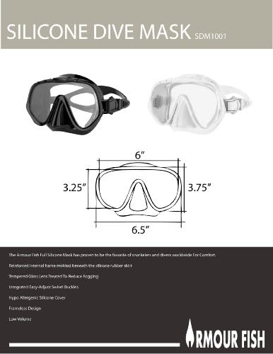 ARMOUR FISH SNORKEL SET | 100% Silicone Mask Diving | Frameless | Premium Quality | HypoAllergenic Mask | Dry Top Snorkel | Includes Mesh Sling Bag and MicroFiber Cloth | Best 2 Year Guarantee (GRAY)