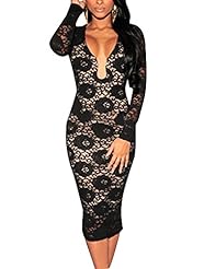 Sexy V-neck Lace Polyester/Spandex Cocktail Summer Plunging Neck Long Sleeves Club Dress/Party Dress/Midi Dress 
