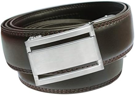 EazyBelt Manhattan 2.0 Brushed Silver Buckle with Automatic Ratchet Leather Belt 30-31 Brown