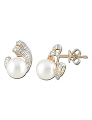 14K Yellow Gold 0.1ct Spirals Diamond & White Pearl Post Stud Earrings
