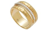 14K Yellow Gold Hand-Crafted Matte-Finish Hammered-Finish Designer Ring, Enhaced with Pave Set Diamonds.