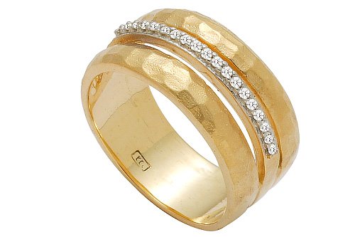 14K Yellow Gold Hand-Crafted Matte-Finish Hammered-Finish Designer Ring, Enhaced with Pave Set Diamonds.