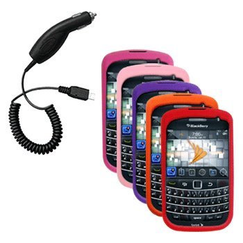 Five Silicone Cases / Skins / Covers (Hot Pink, Light Pink, Purple, Orange, Red) & Car Charger for BlackBerry Bold 9650