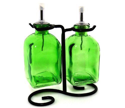 Chic Olive Oil & Vinegar Kitchen Dispensers Decorative Bottles 2pcs ~ Green Glass Roman Style Oil Vinegar Bottles with Pour Spout and Black Metal Stand ~ Decorative Liquid Dispensers ~ Cruet ~ Drizzler