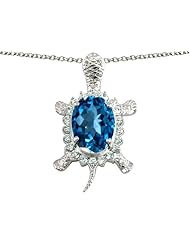 Original Star K (tm) Good Luck Turtle Pendant With Oval 12x10mm Simulated Blue Topaz in .925 Sterling Silver