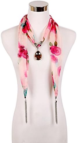 Seafire Fashion Elegant Charm Women's Infinity Chiffon Floral Jewelry Scarf Necklace with Crystal Tear Pendant Wraps Vibrant Colors (Pink 0277-4)