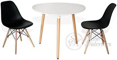 3-Piece Dining Set White Rounded Triangle Round Table Black Chairs Modern Wood Legs